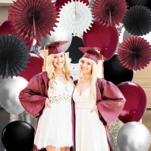 Graduation Decorations Maroon Black 2024/Burgundy Black Graduation Party Decorations/Burgundy White Black Tissue Paper Fans for Maroon Black Birthday Party Bridal Shower/Maroon Graduation Decorations