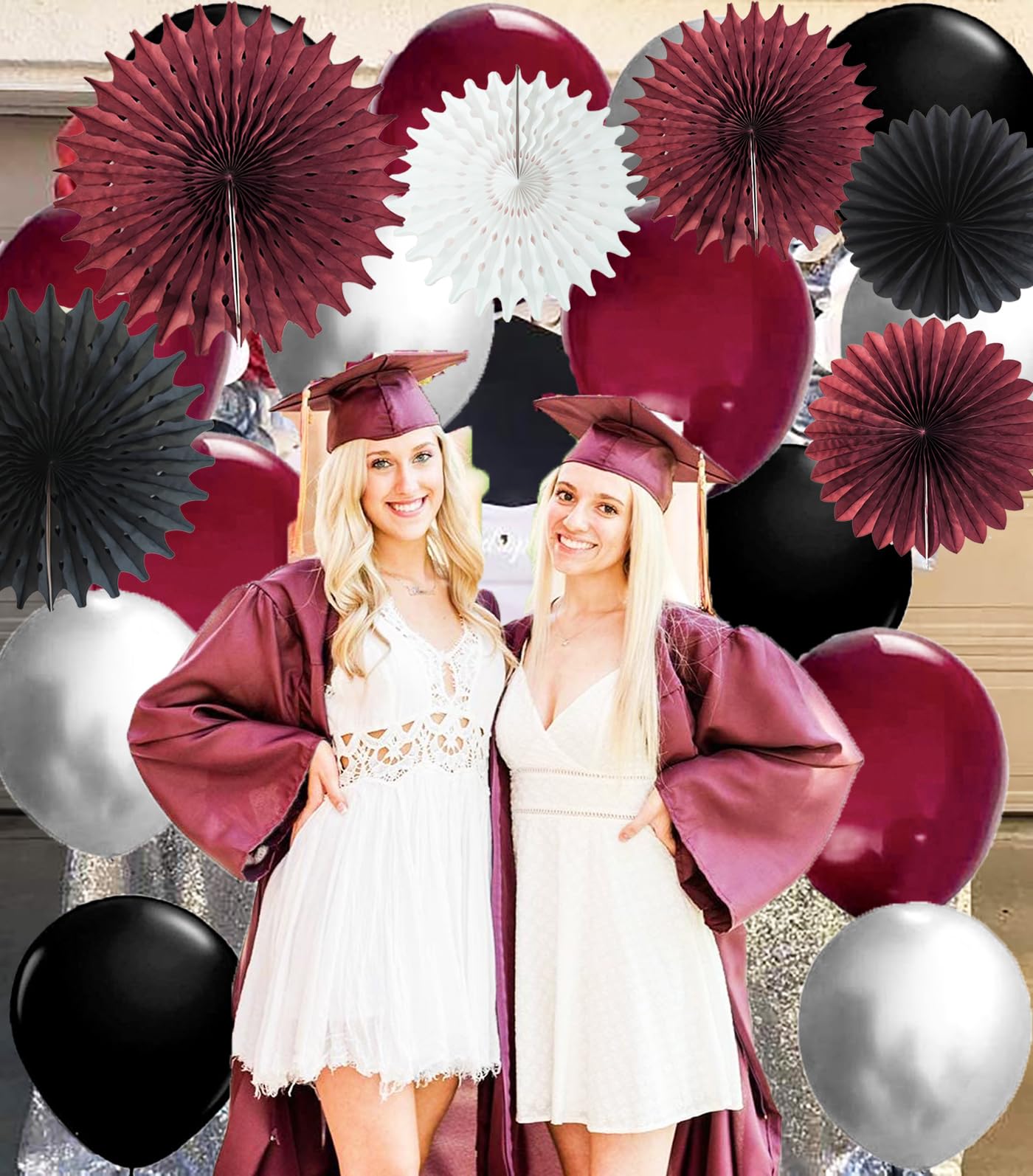 Graduation Decorations Maroon Black 2024/Burgundy Black Graduation Party Decorations/Burgundy White Black Tissue Paper Fans for Maroon Black Birthday Party Bridal Shower/Maroon Graduation Decorations