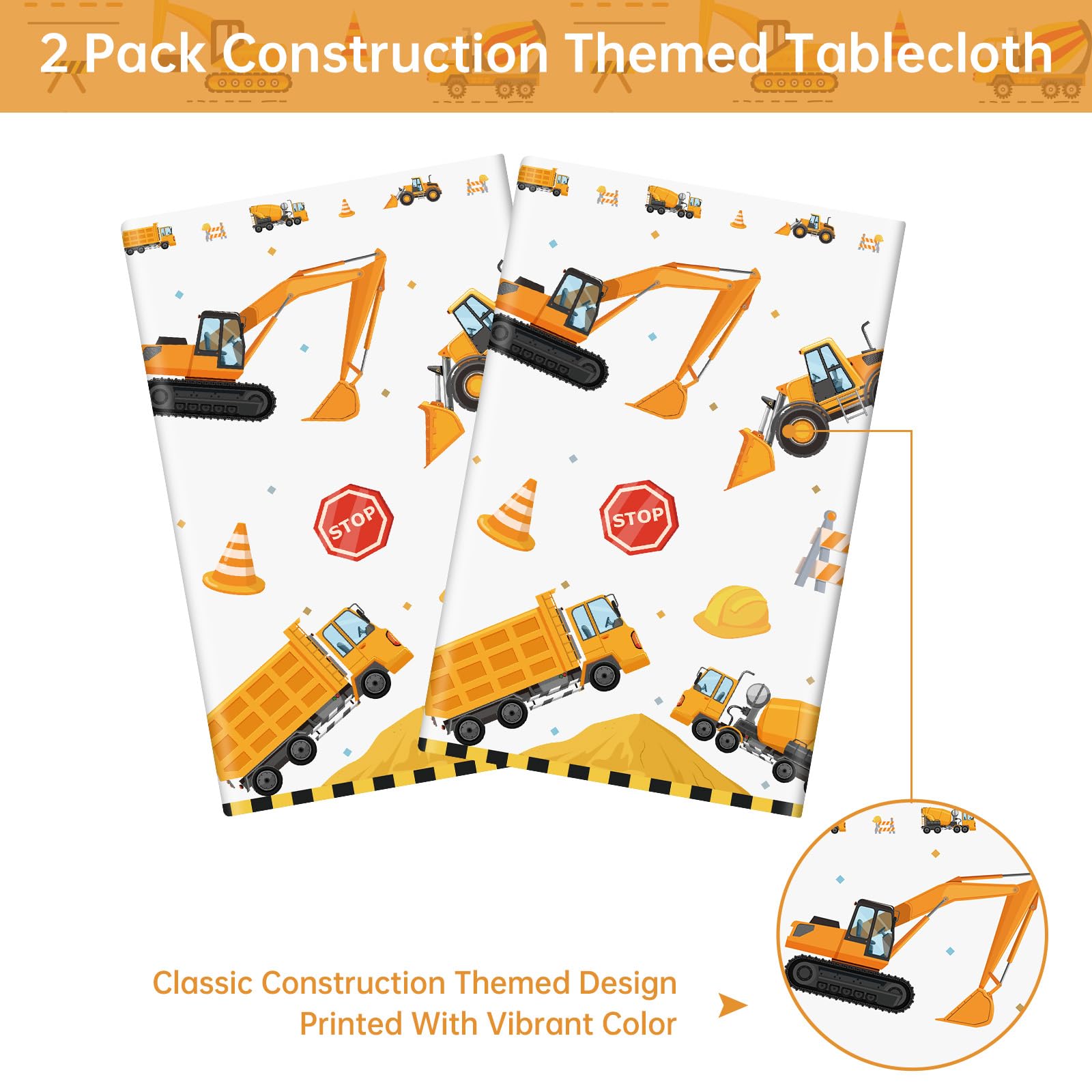 2 Pack Construction Table Cloth - Dump Truck Tablecloth, Plastic Disposable Rectangle Yellow Trucks Themed Table Cover for Construction Birthday Party Supplies Table Decorations Favors, 87 x 51 Inch