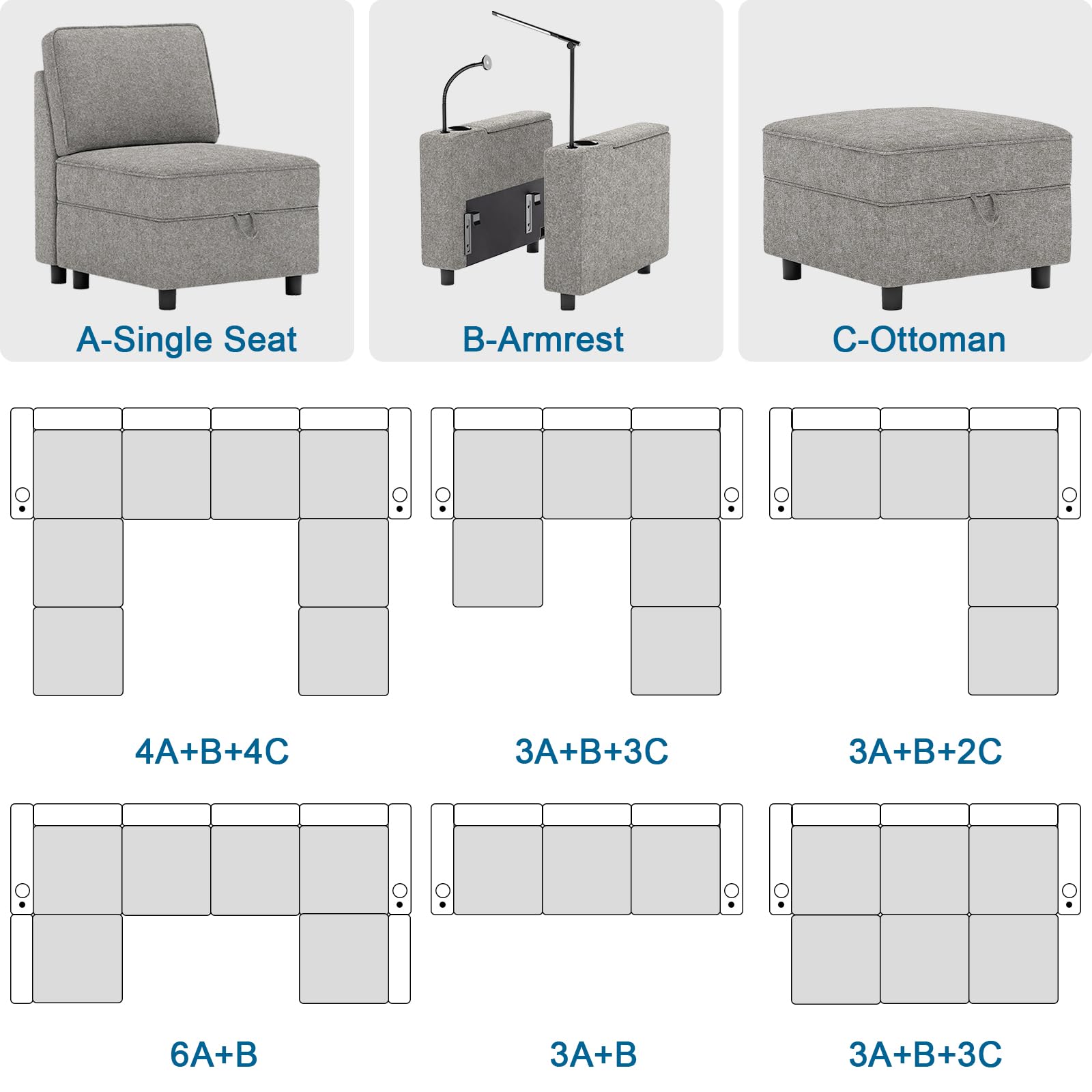 beyond SMART Modular Sectional Sofa, Couches for Living Room with Storage, Armrest with Power Grommet and Cup Holder, Wireless Charging Stand & LED Light Included,5 Seats