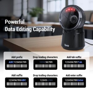 Tera Barcode Scanner Desktop Omnidirectional: 1D 2D QR Hands Free USB Wired Bar Code Reader Adjustable Scan Head Plug and Play for POS Supermarket Retail Store Mobile Payment Model 9000