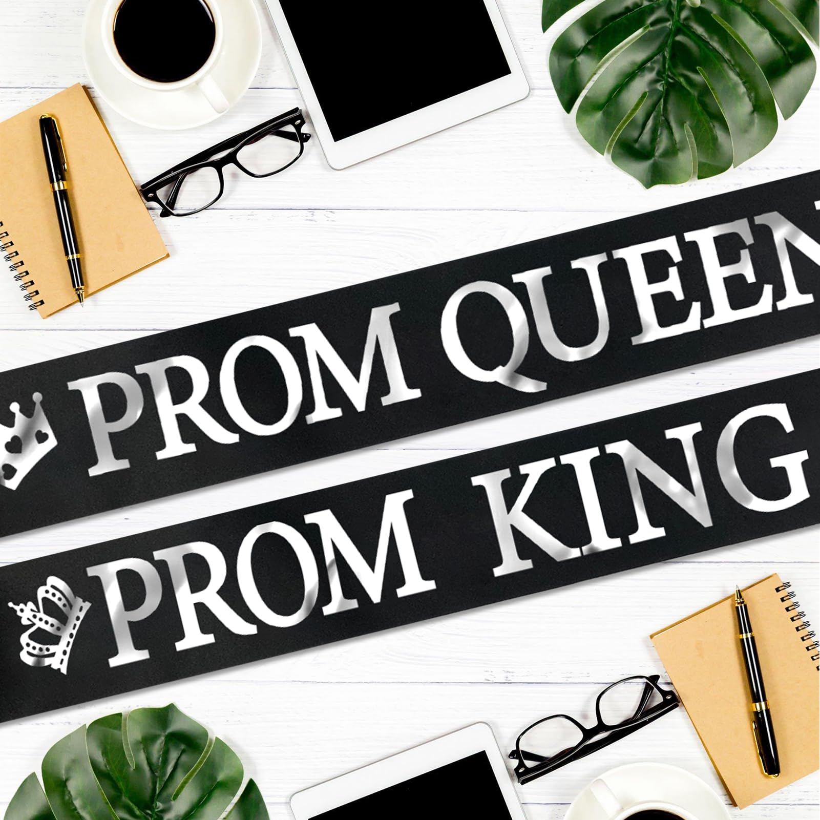 SKJIAYEE 2 Pack Prom King and Prom Queen Sashes, Black Prom Sash with Silver Foil Letter Decorations for Graduation Party School Party Bachelorette Party Wedding Bridal Shower Party Supplies