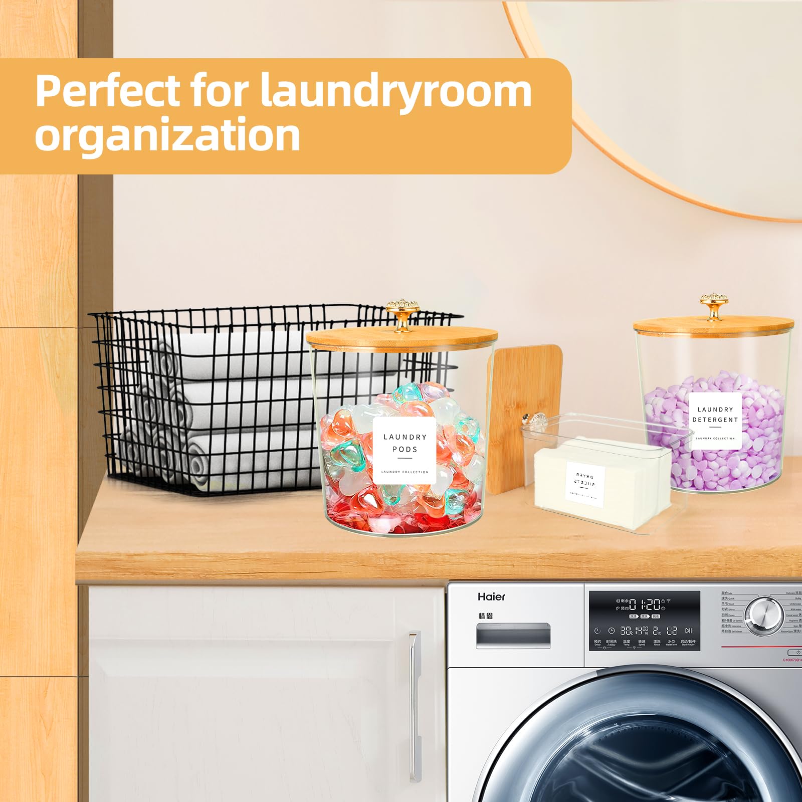 3 Pack Laundry Room Organization and Storage Jars Laundry Pod Containers and Dryer Sheet Holder with Lids and Labels for Laundry Detergent Laundry Pods Dry Sheet Organizing and Food Storage