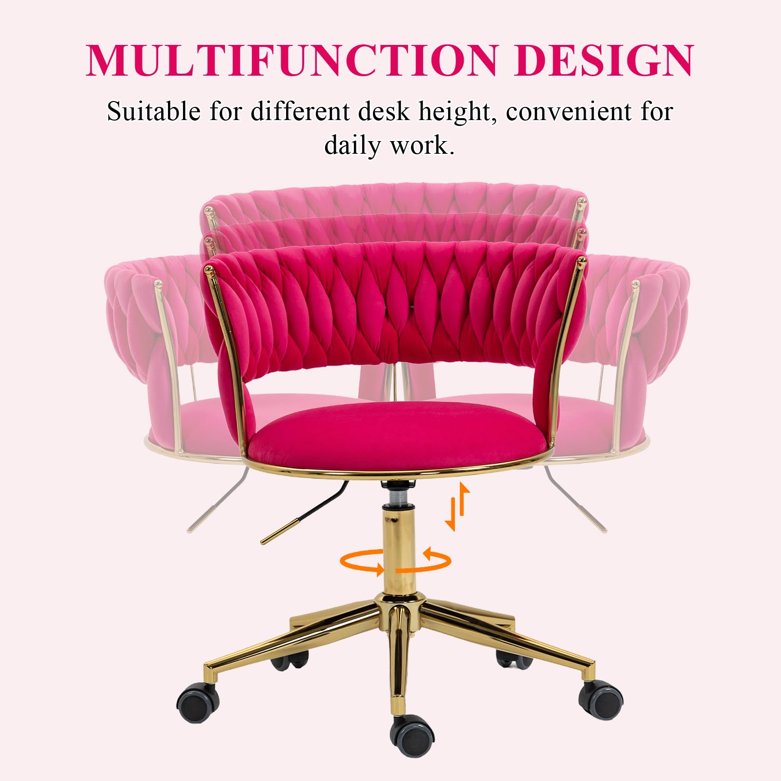 Allnifurv Home Office Chair with Hand Woven, Velvet Upholstered Desk Chair with Open Back, 360° Swivel & Height Adjustable Task Chair, Ergonomic Office Chair with Gold Base (Rose Red)