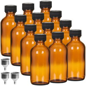 12 pack 2 oz amber glass boston bottles, round tinture bottles with black caps for essential oil, perfume, homemade vanilla extract and liquid