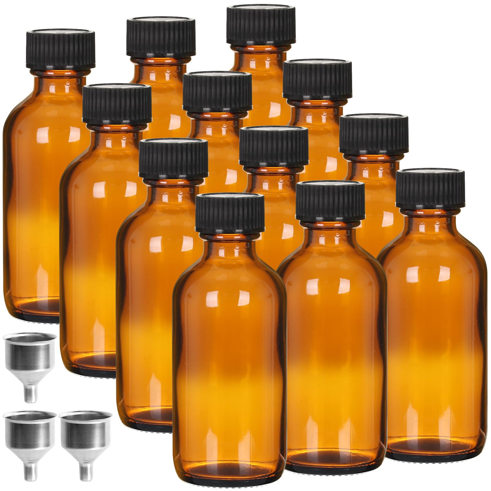 12 Pack 2 oz Amber Glass Boston Bottles, Round Tinture Bottles with Black Caps for Essential Oil, Perfume, Homemade Vanilla Extract and Liquid