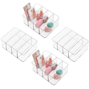 stori 4-compartment clear plastic organizers (set of 4) rectangular divided makeup and vanity storage bin, use upright for eyeshadow palettes, made in usa