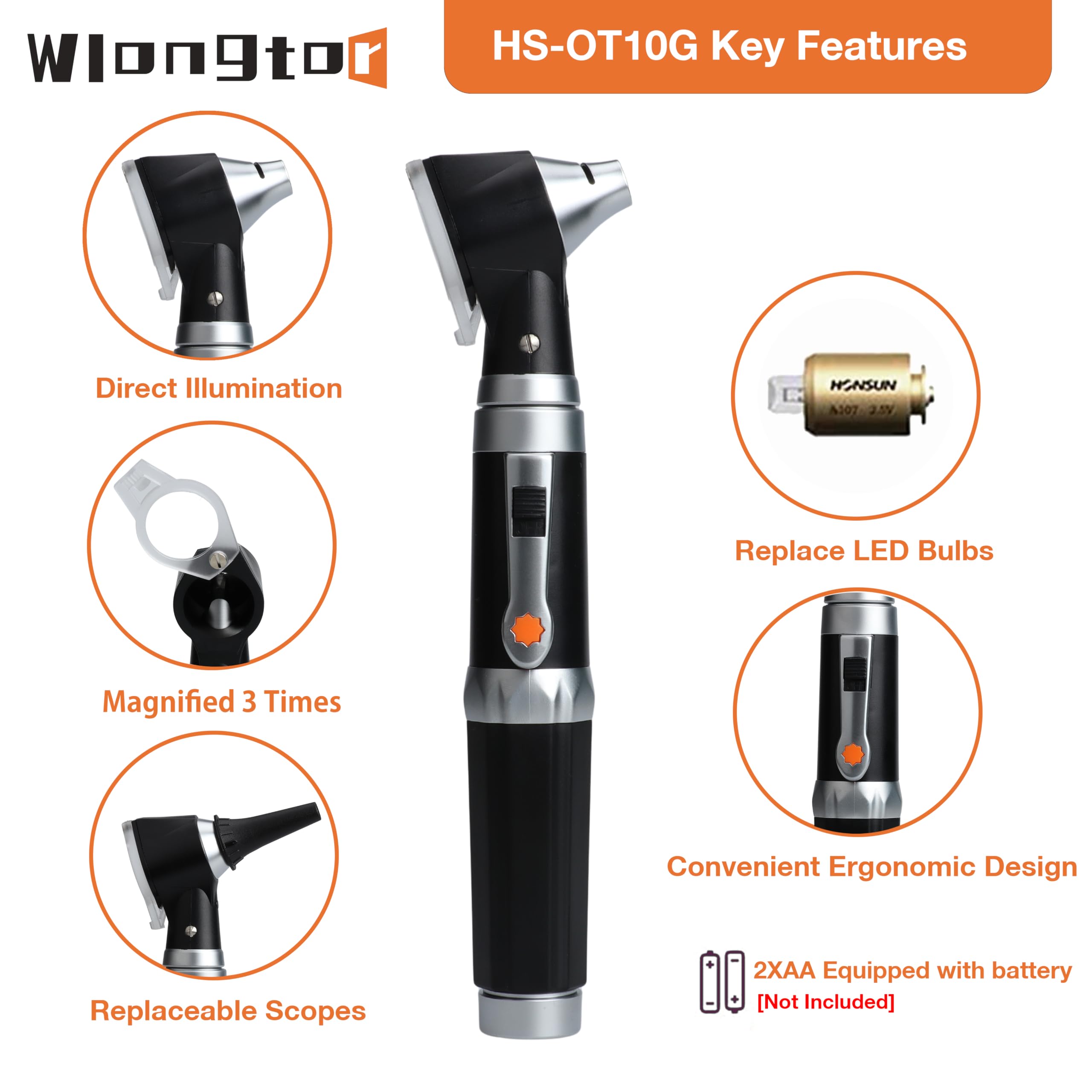 Wlongtor Otoscope Kit - Professional Diagnostic Ear Care Tool with 3.0V LED Bulb, 3X Magnification, 4 Speculum tip Sizes, Diagnostic Ear Care Tool for Children, Adults, Pets (HS-10OG(Black))