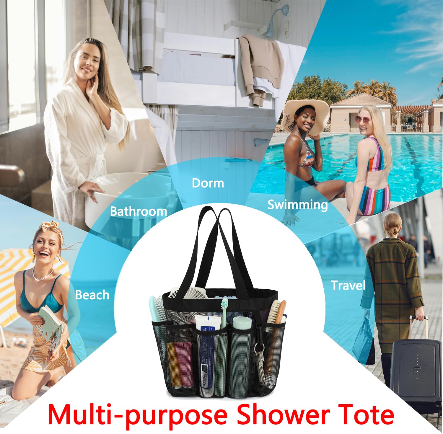 Fammart Mesh Shower Caddy Portable for College Dorm Room Essentials with 7 Upgraded Deeper Pockets, Quick-Dry Large Shower Basket Tote Bag with 2 Handles for Toiletry, Bathroom, Camp, Gym