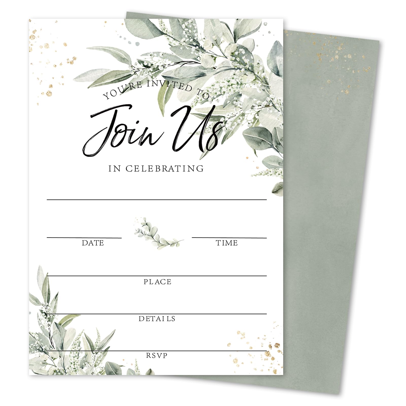 Whaline 25 Sets Greenery Invitations with Envelopes Stickers Sage Green Leaves Invitation Cards Blank Invites for Spring Wedding Reception Bridal Baby Shower Birthday Dinner Party, 5 x 7 Inch