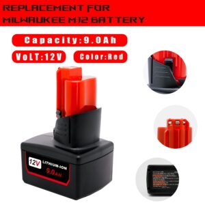 Cruruakku 9.0AH Replace for Milwaukee M12 Battery 12V 2pack 48-11-2490 48-11-2403 48-11-2402 48-11-2412,Compatible with Milwaukee 12v Cordless Power Tools.