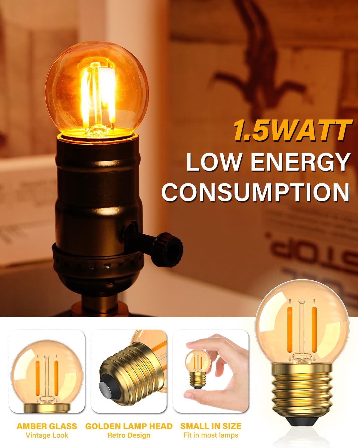 TobeBright 1.5Watt Low Watt LED Light Bulbs Equivalent to 10 Watt Night Light Bulbs,E26 Standard Base G40 Small Globe Light Bulbs,2200K Soft Warm Light Bulb for Bedroom,Amber Glass,Non-Dimmable,4Pack