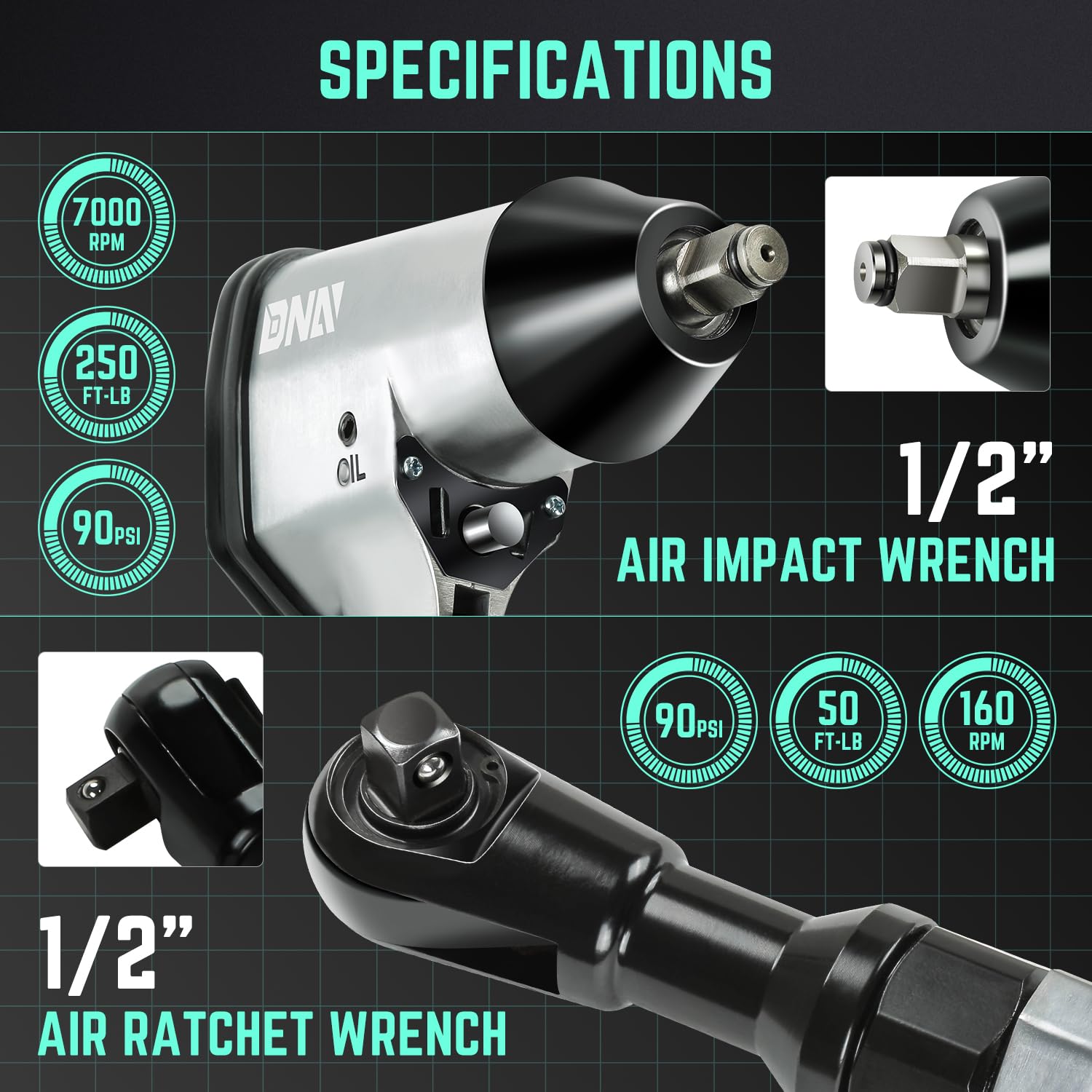 DNA MOTORING 17Pc Air Tool Kit 1/2-Inch Pneumatic Air Impact & Ratchet Wrench Kit Torque Wrench for Repairs, w/Case, Sliver/Black, TOOLS-00530