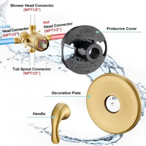 FROPO Brushed Gold Shower Tub Faucet Set With Valve - Gold Shower Head and Handle Set, Shower Faucet Set With 6 Inch Rain shower Head and Tub Spout, High-Pressure Tub Shower Trim Kit