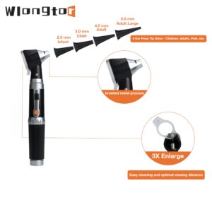 Wlongtor Otoscope Kit - Professional Diagnostic Ear Care Tool with 3.0V LED Bulb, 3X Magnification, 4 Speculum tip Sizes, Diagnostic Ear Care Tool for Children, Adults, Pets (HS-10OG(Black))