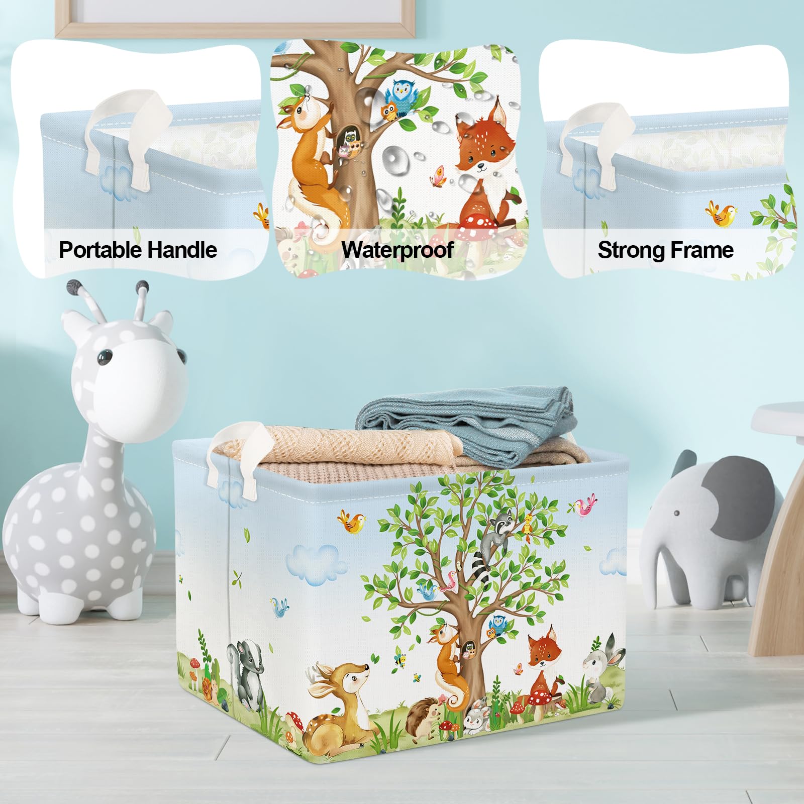 Clastyle Forest Life Tree Baskets Rectangular, Kids Basket,Waterproof Foldable Canvas Laundry Basket,Nursery Hamper,Room Decor,Shelf Basket(Animal)