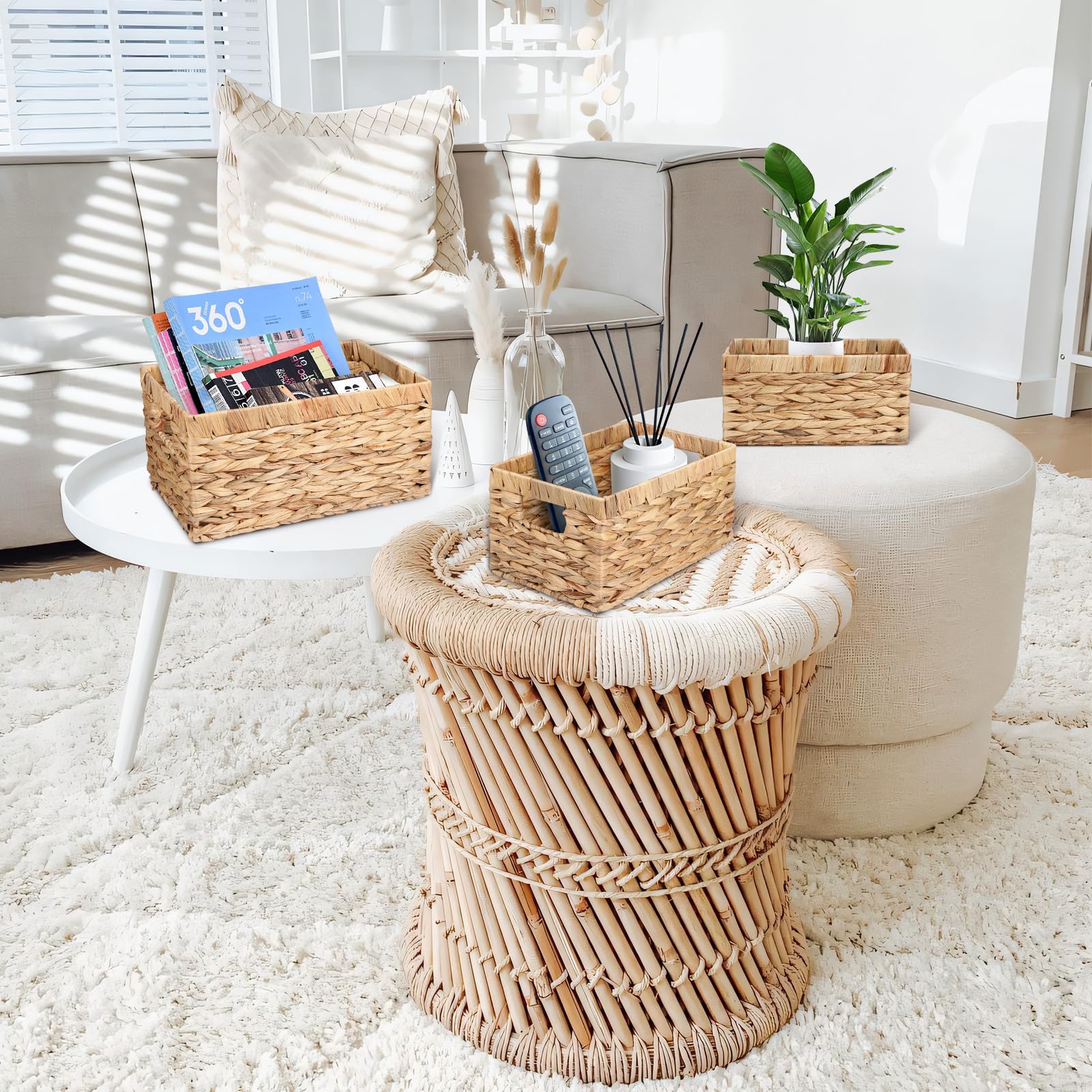 Wicker Baskets for Storage Organizing - 3 Pack Large Wicker Bins ＆ Medium Water Hyacinth Storage Baskets with Small Hand Woven Baskets for Home Organization Pantry Shelf