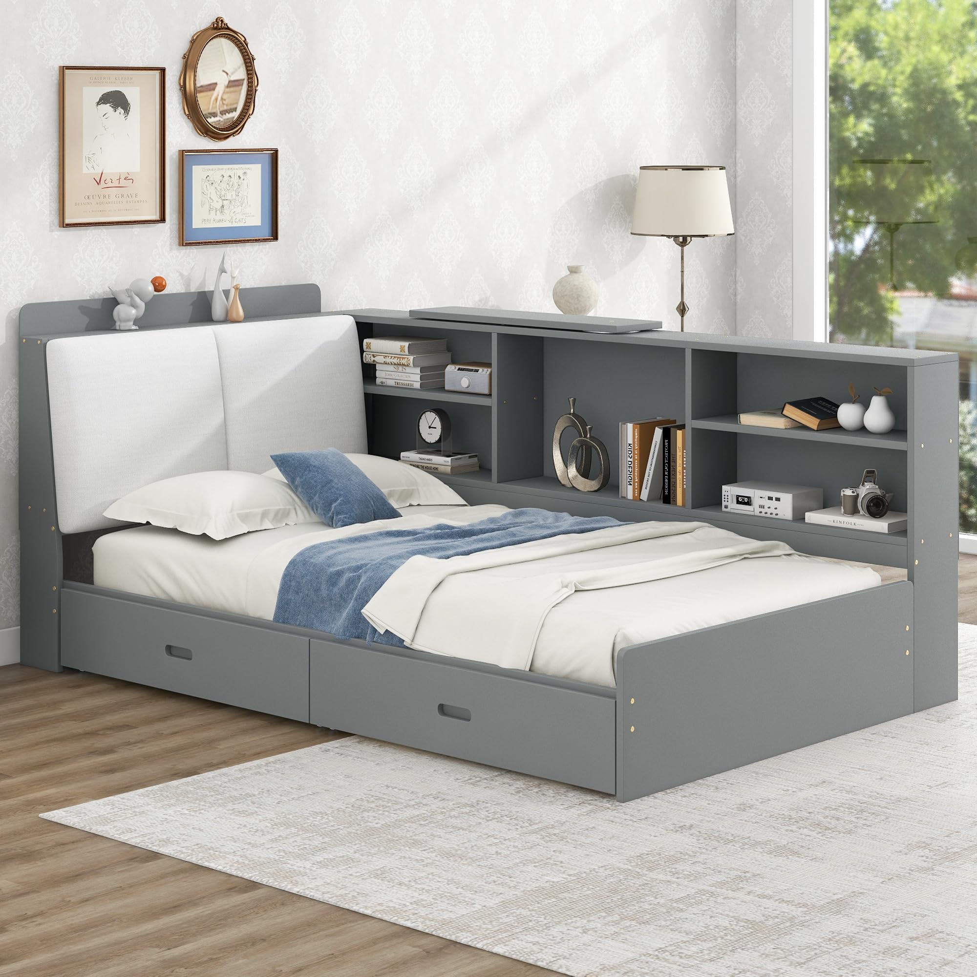 VilroCaz Twin Size Platform Bed with L-Shaped Storage Shelves and Upholstered Headboard, Solid Wood Daybed Frame with 2 Drawers and Rotatable Storage Board, Maximize Space (Grey-25)