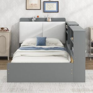 VilroCaz Twin Size Platform Bed with L-Shaped Storage Shelves and Upholstered Headboard, Solid Wood Daybed Frame with 2 Drawers and Rotatable Storage Board, Maximize Space (Grey-25)