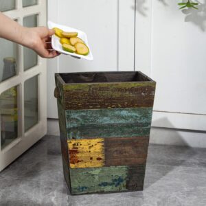 TIMRIS Small Wood Trash Can Wastebasket, Farmhouse Rectangular Garbage Can Waste Basket, Rustic Distressed Boho Wooden Trash Recycling Bin with Metal Handles, Reclaimed Wood Storage Basket (Random)