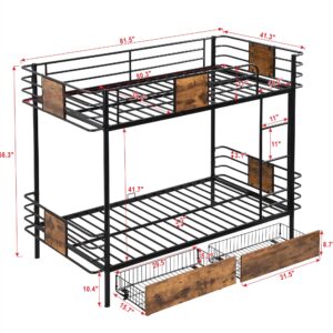 LUKEEHOM Metal Bunk Bed Twin XL Over Twin XL Twin Bunk Beds Twin Size Bed with 2 Storage Drawers and MDF Board Guardrail, No Box Spring Needed, Black