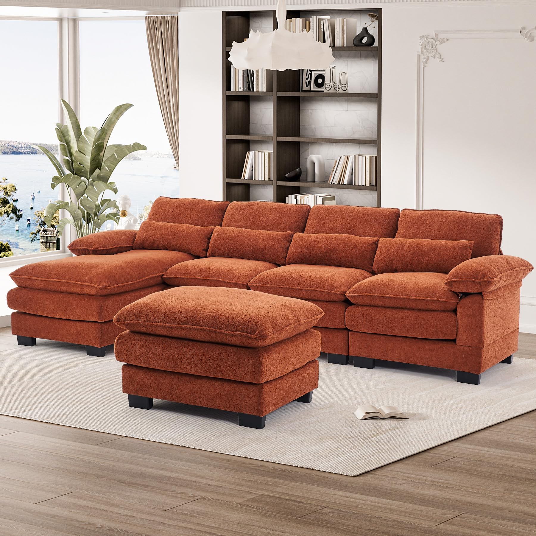 OUYESSIR 114" U Shape Sectional Sofa Cloud Couch for Living Room, Upholstery Comfy Modular Sofa, 4 Seat Chenille L-Shaped Sleeper Sofa with Chaise Lounge, Ottoman & Pillows,Orange