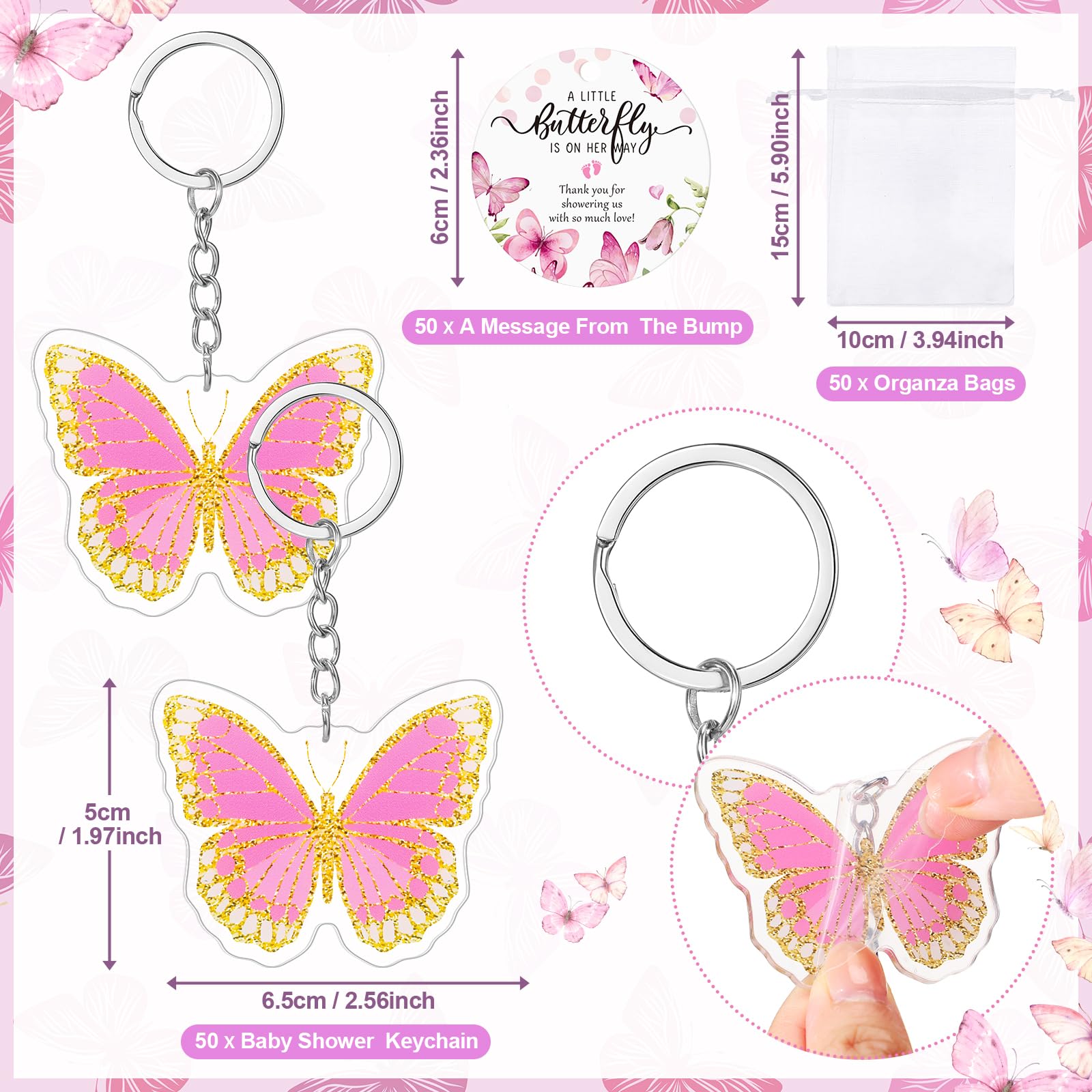 Tondiamo 50 Sets Pink Butterfly Theme Baby Shower Favors for Guest Includes 50 Butterfly Keychain 50 Pen 50 Thank You Cards and 50 Gift Bags for Baby Shower Gender Reveal Party Gifts