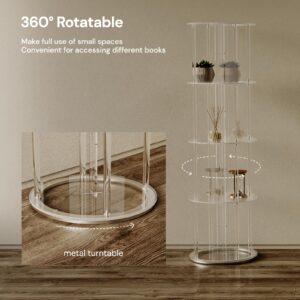 CRTERICX Acrylic Rotating Bookshelf, 5 Tier Round Clear Bookcase with Metal Base, 360 Spinning Bookshelf for Living Room, Bedroom, Corner, Floor Standing, 15.7" D x 15.7" W x 54.1" H