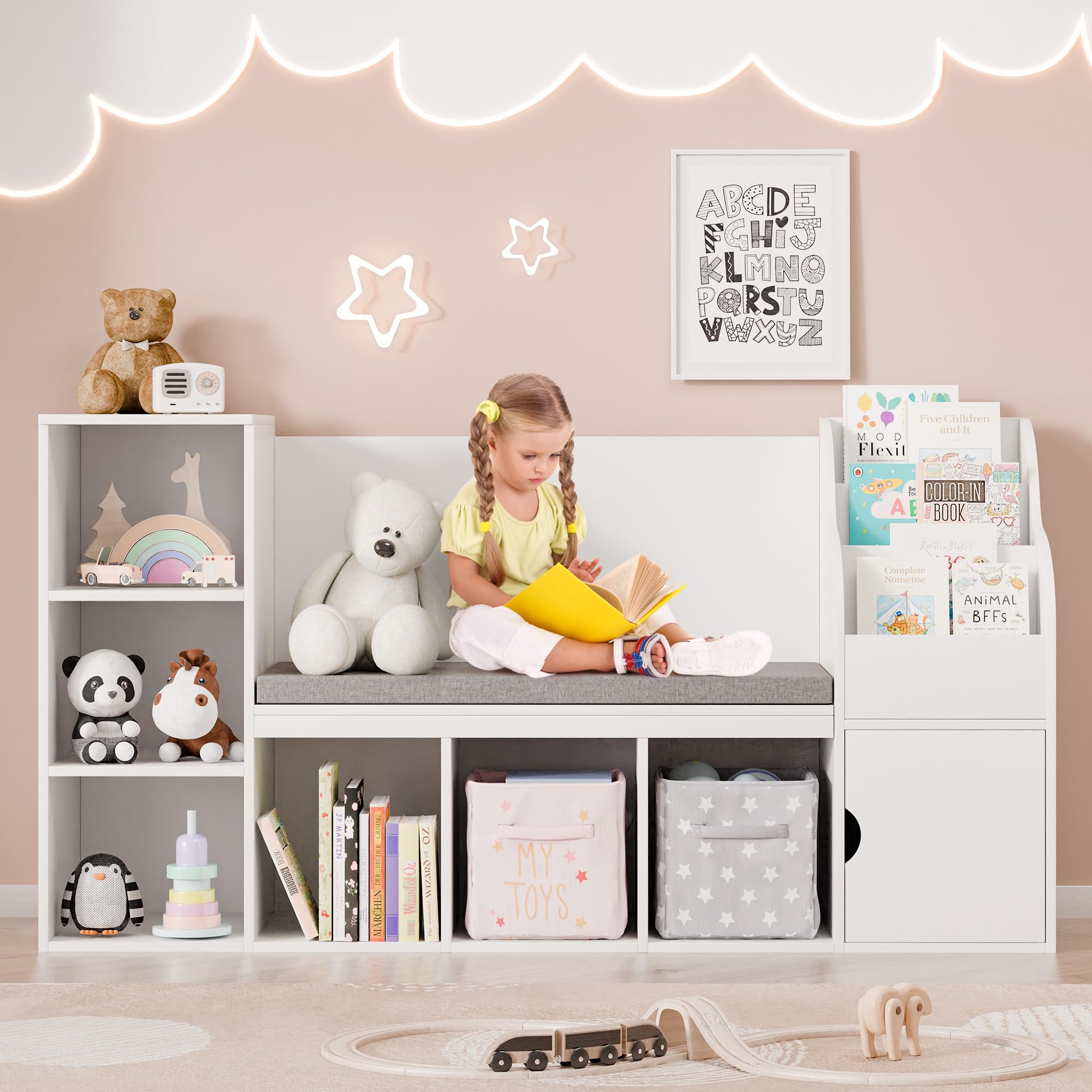 MU Kids Bookshelf with Reading Nook, Toddler Bookcase Bench with Seat Cushion and 7 Storage Cubbies, Kids Reading Nook for Boys & Girls, Toy Storage Bench Box for Bedroom, Playroom, Nursery, White