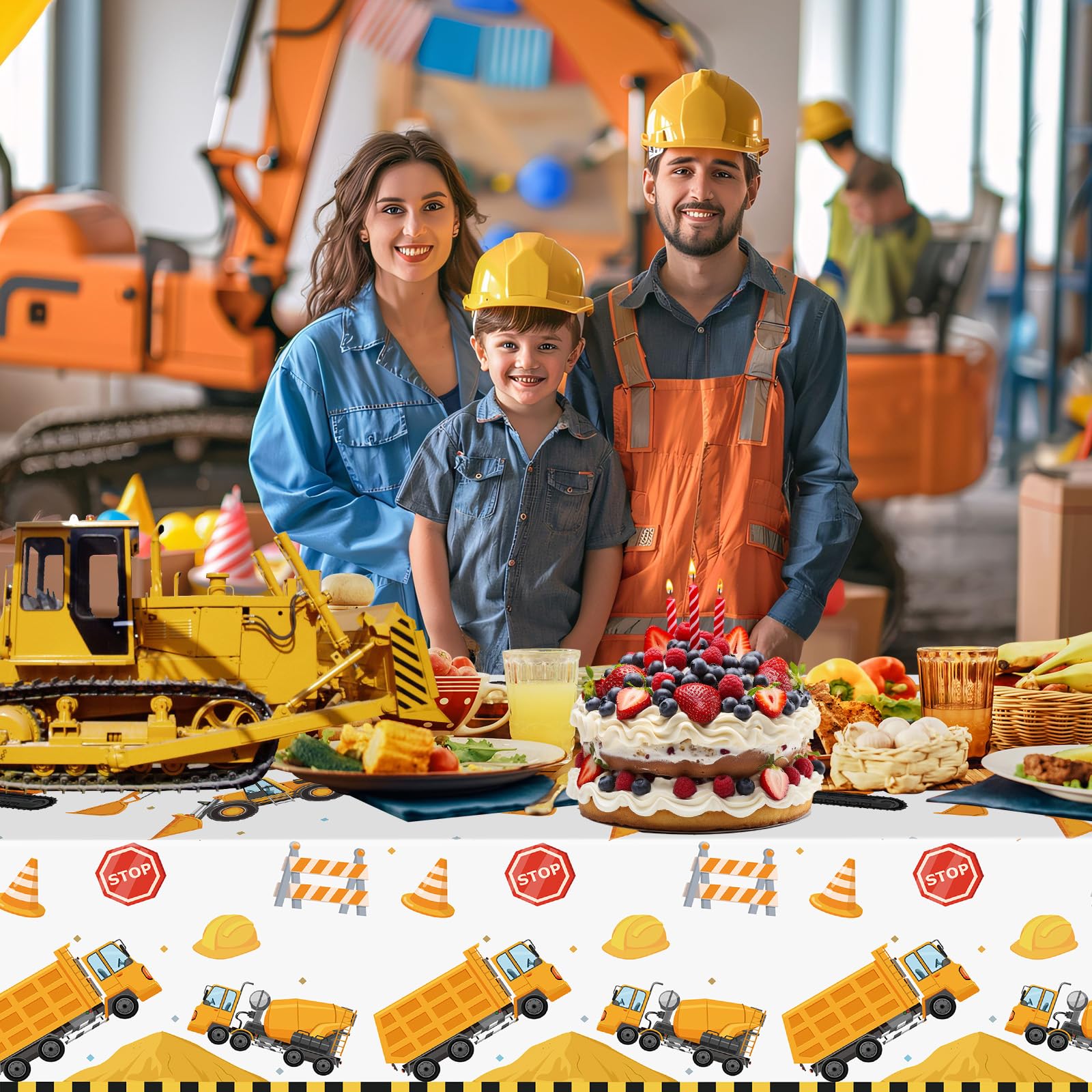 2 Pack Construction Table Cloth - Dump Truck Tablecloth, Plastic Disposable Rectangle Yellow Trucks Themed Table Cover for Construction Birthday Party Supplies Table Decorations Favors, 87 x 51 Inch