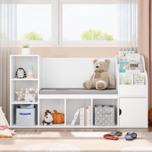 mu kids bookshelf with reading nook, toddler bookcase bench with seat cushion and 7 storage cubbies, kids reading nook for boys & girls, toy storage bench box for bedroom, playroom, nursery, white