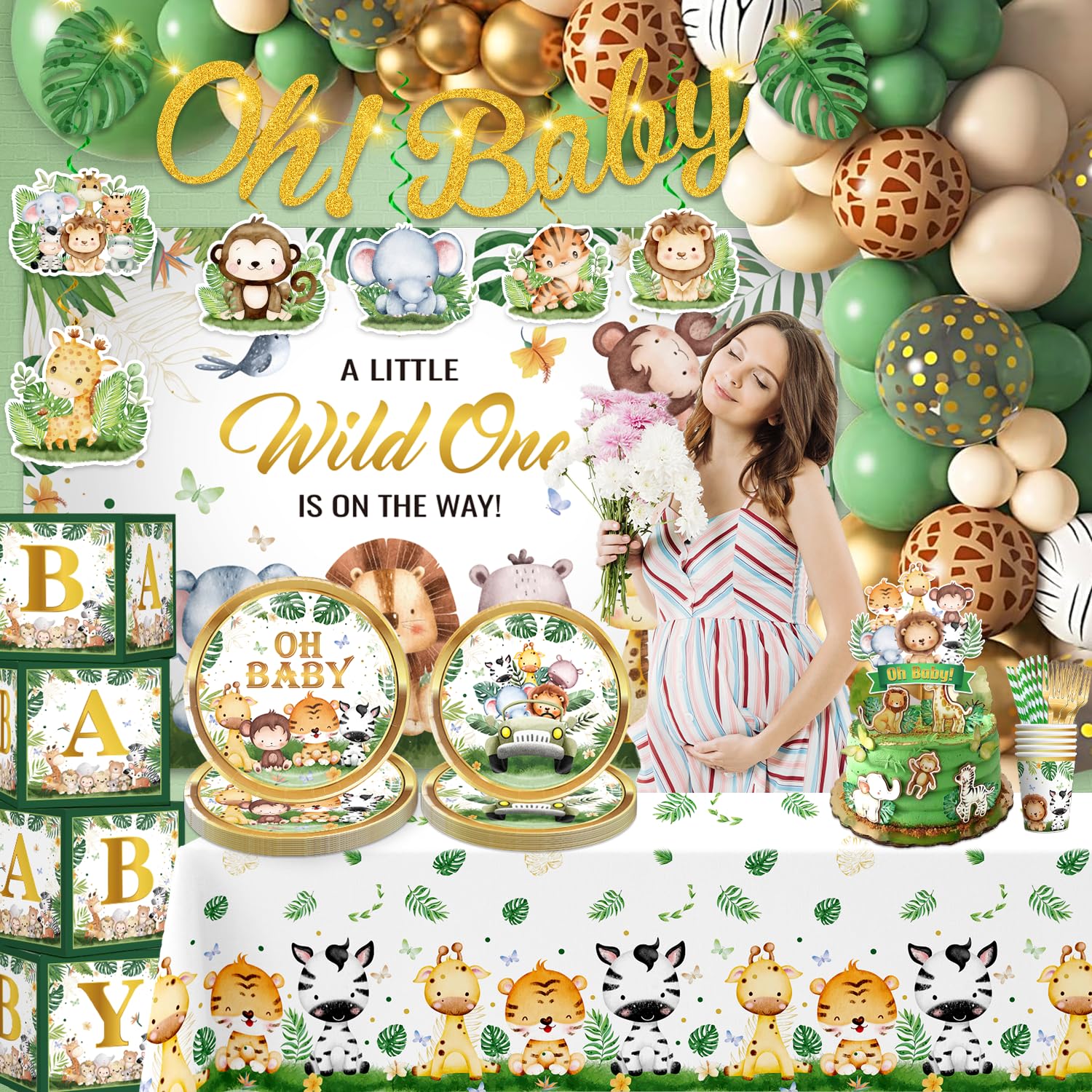 Cocomigo 260PCS Safari Baby Shower Decorations, Safari Jungle Baby Shower Decorations, Safari Plates and Napkins for Party, Safari Jungle Theme Baby Shower Decorations for Baby Shower Themes for Boys