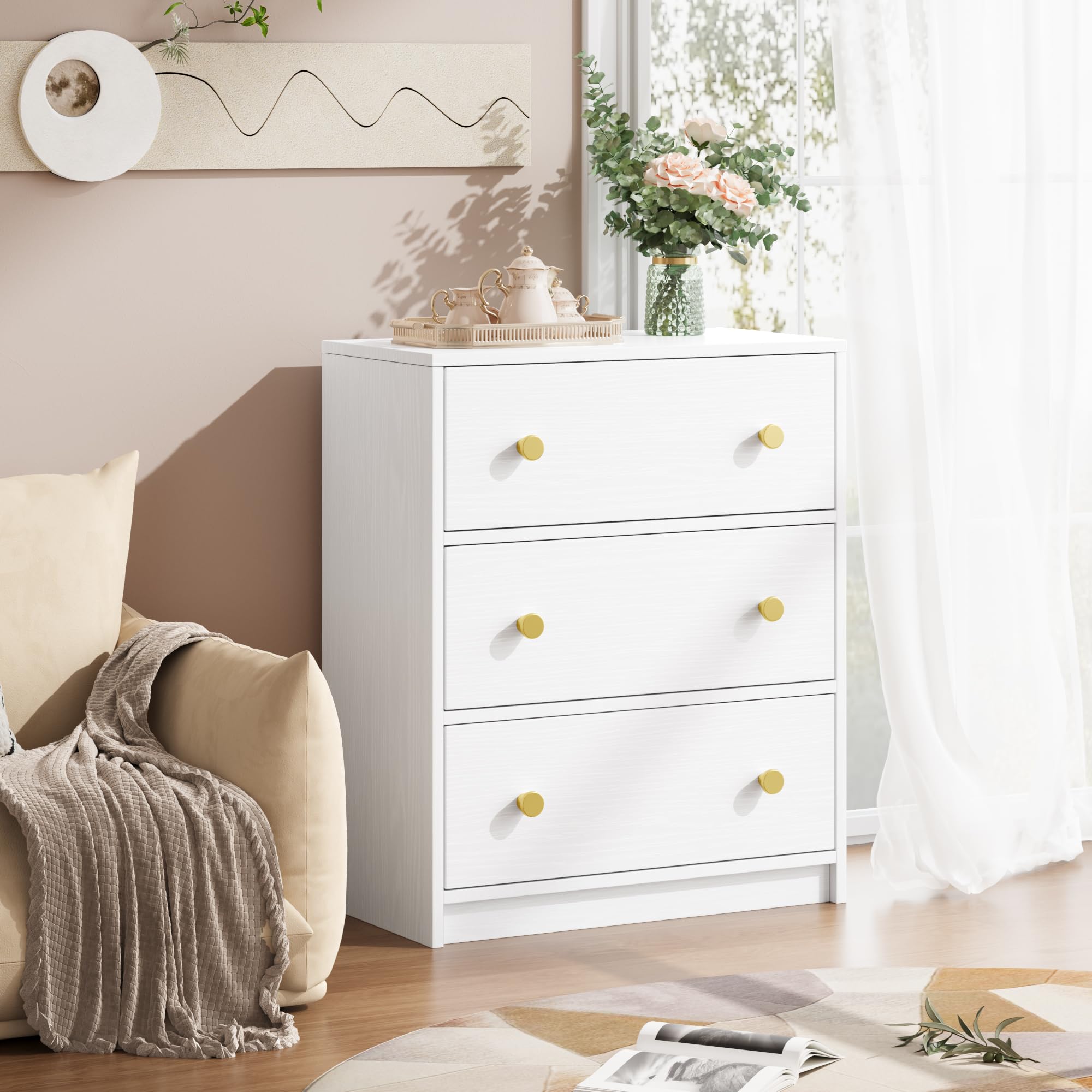 Nicehill 3 Drawer Dresser, White Nightstand for Bedroom with Fabric Drawers, Small Dresser Bedside Table Chest of Drawers for Bedroom, Hallway, Entryway, Closets,Kids' Room (White)