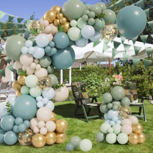 Bonropin 172pcs Dusty Blue Green Balloon Garland Arch Kit with Haze Fog Blue Ash Mist Sage Green Sand White Gold Confetti Balloons for Baby Shower Wedding Bridal Boho Birthday Party Decorations