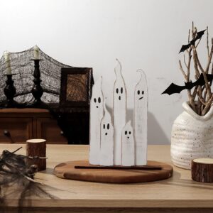 Halloween Table Decorations Indoor: Farmhouse Halloween Cute Ghost Decorations, Slender White Ghosts Wood Plank Signs Set, Rustic Tiered Tray Decor Wooden Ghost Desk Office Decor for Home Kids