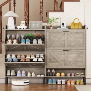 HOMEFORT Shoe Storage Cabinet for Entryway, Slim Shoe Organizer with Two Flip Drawers, Narrow Shoe Rack Cabinet with Wood Legs, Farmhouse Hidden Shoe Cabinet for Foyer, Front Door Entrance,Washed Gray