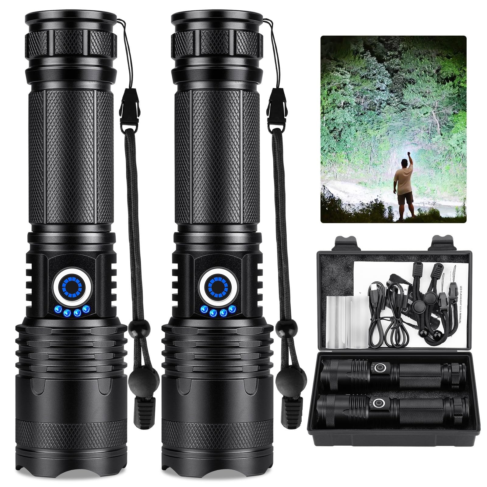 Rechargeable Flashlights 990,000 High Lumens 2 Pack, Led Super Bright Flashlight with 5 Modes & IPX7 Waterproof, 15H Running Time, High Powered Flash Light for Home Camping Home Emergencies