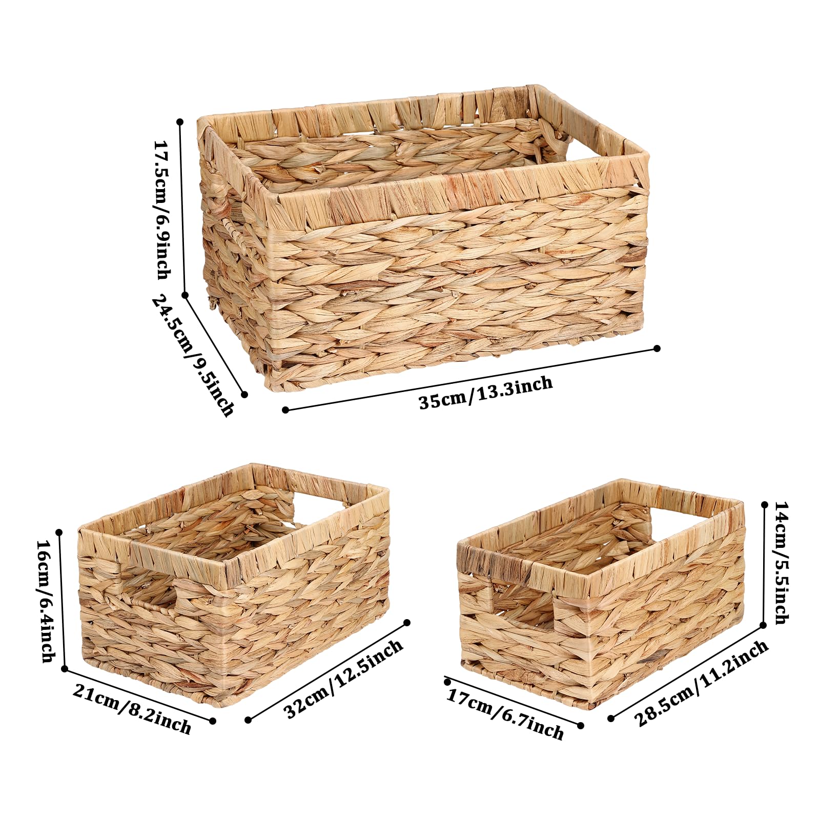 Wicker Baskets for Storage Organizing - 3 Pack Large Wicker Bins ＆ Medium Water Hyacinth Storage Baskets with Small Hand Woven Baskets for Home Organization Pantry Shelf