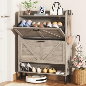 homefort shoe storage cabinet for entryway, slim shoe organizer with two flip drawers, narrow shoe rack cabinet with wood legs, farmhouse hidden shoe cabinet for foyer, front door entrance,washed gray