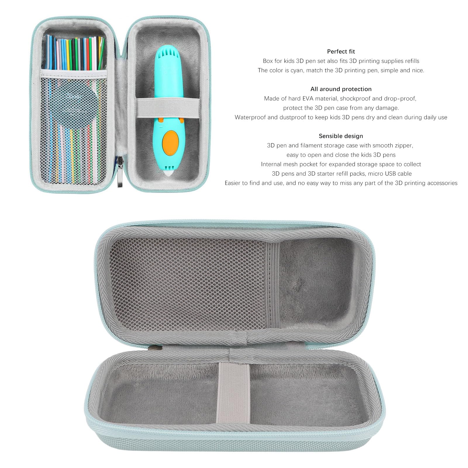 3D Pen Case, Storage Case Protective Sleeve for 3D Printing Filament Refill Pack and USB Cable, Cyan.