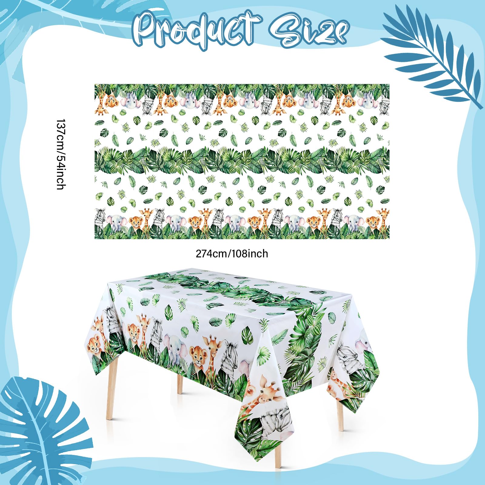 Irenare 3 Pieces Jungle Safari Tablecloths Wild Animals Plastic Table Cover Hawaiian Luau Table Cloths for Tropical Baby Shower Zoo Birthday Party Supplies, 54 x 108 Inch