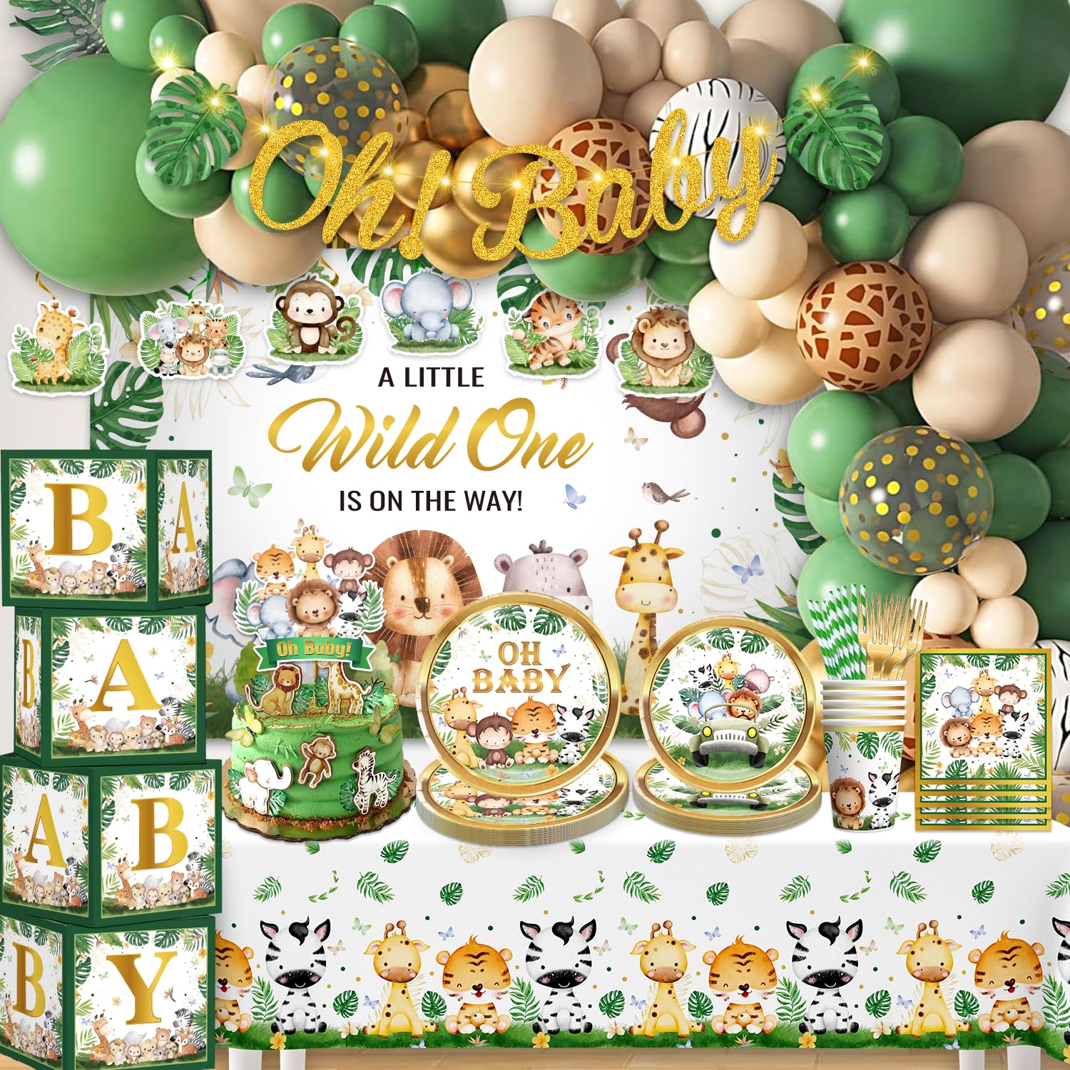 Cocomigo 260PCS Safari Baby Shower Decorations, Safari Jungle Baby Shower Decorations, Safari Plates and Napkins for Party, Safari Jungle Theme Baby Shower Decorations for Baby Shower Themes for Boys