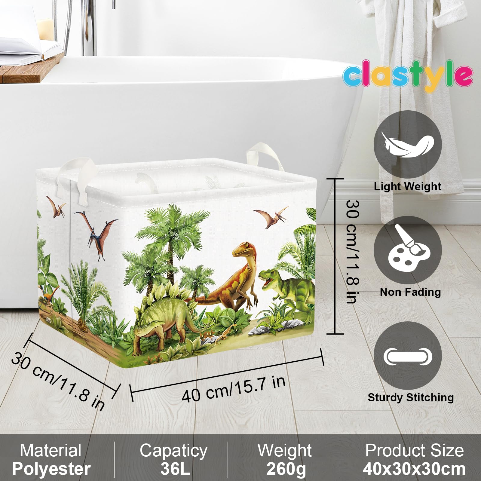 Clastyle 36L Large Green Forest Dinosaur Palm Tree Shelf Basket with Handle Collapsible Rectangle Toy Clothes Cube Storage Basket for Kids Room Nursery