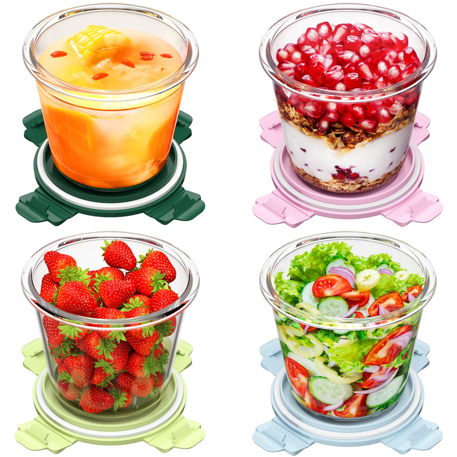 Winproper 4 Pack Glass Meal Prep Containers with Airtight Lids, Leak-proof Round Storage Containers Set, Reusable Glass Soup Containers Overnight Oats Containers for Leftover, Soup, Fruit