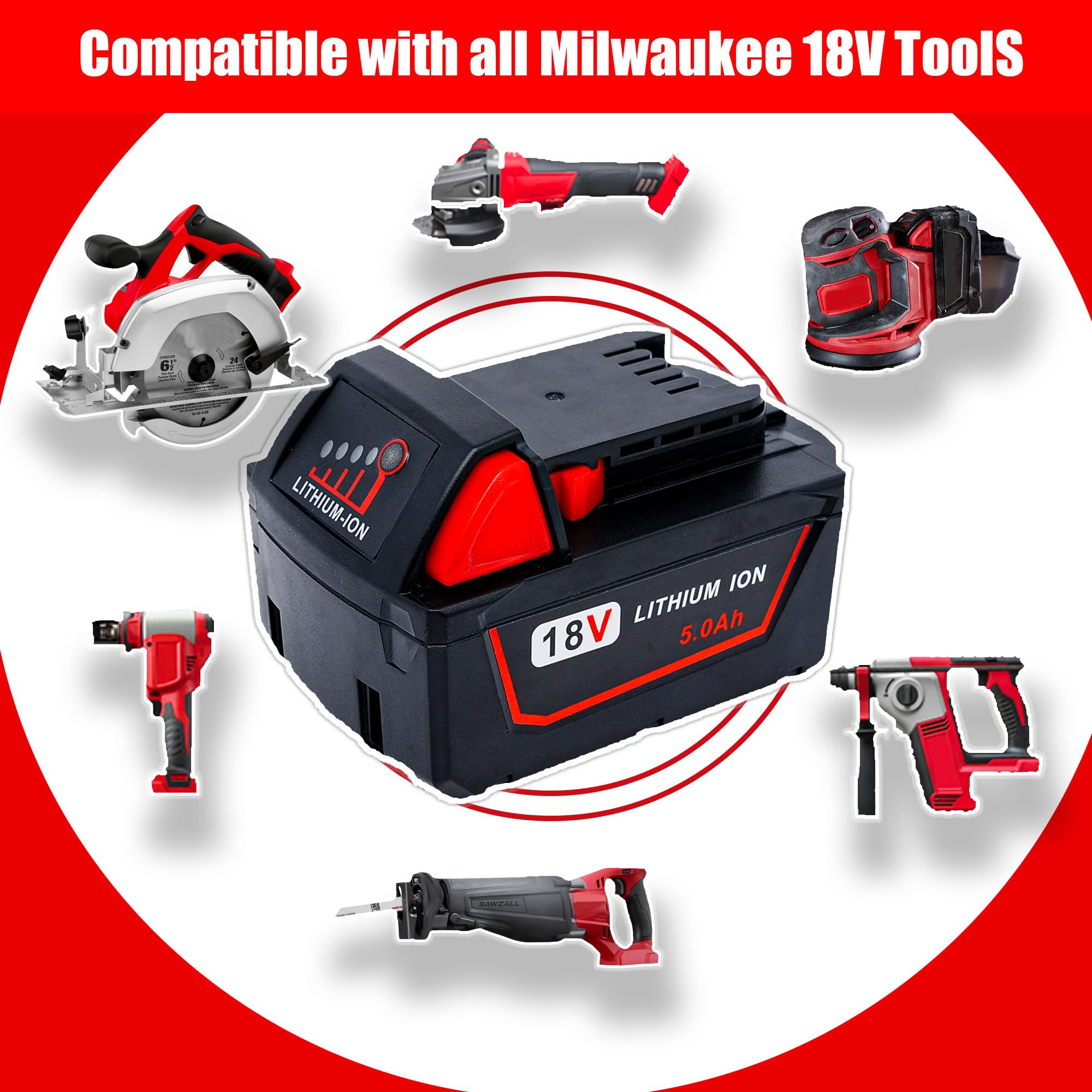 Cruruakku 2 Pack Replace Battery for Milwaukee M18 Battery 5.0ah and Charger Combo,Compatible with Milwaukee M18 Cordless Power Tools 18V Lithium Battery 48-11-1850 48-11-1840 48-11-1860