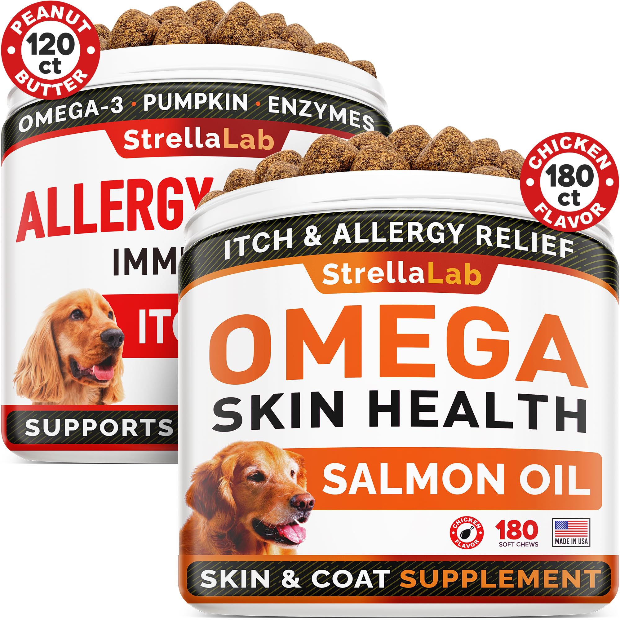 Allergy Relief + Omega 3 Dogs Bundle - Itchy Skin Treatment + Allergy & Itch Relief Skin&Coat Supplement - Omega3 & Pumpkin - Dog Itch Relief - 300 Chews - Peanut Butter + Chicken Flavor - Made in USA