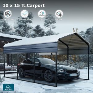 MFSTUDIO Carport 10 x 15 FT Heavy Duty Canopy, Outdoor Metal Car Port with Side Walls, Garage Car Shelter Shade with Galvanized Steel Roof, Frame and Bolts for Car, Truck and Boats