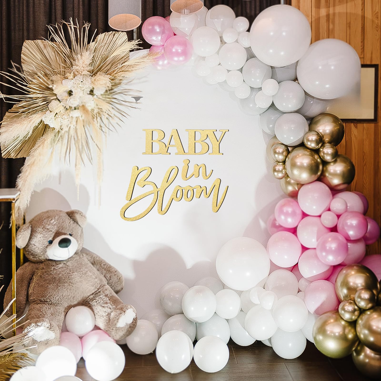 Wooden Gold "Baby in Bloom" Sign - Elegant Gender Reveal Party & Baby Shower Decoration, Ideal for Pregnancy Announcement, Nursery Decor, and Maternity Photoshoots