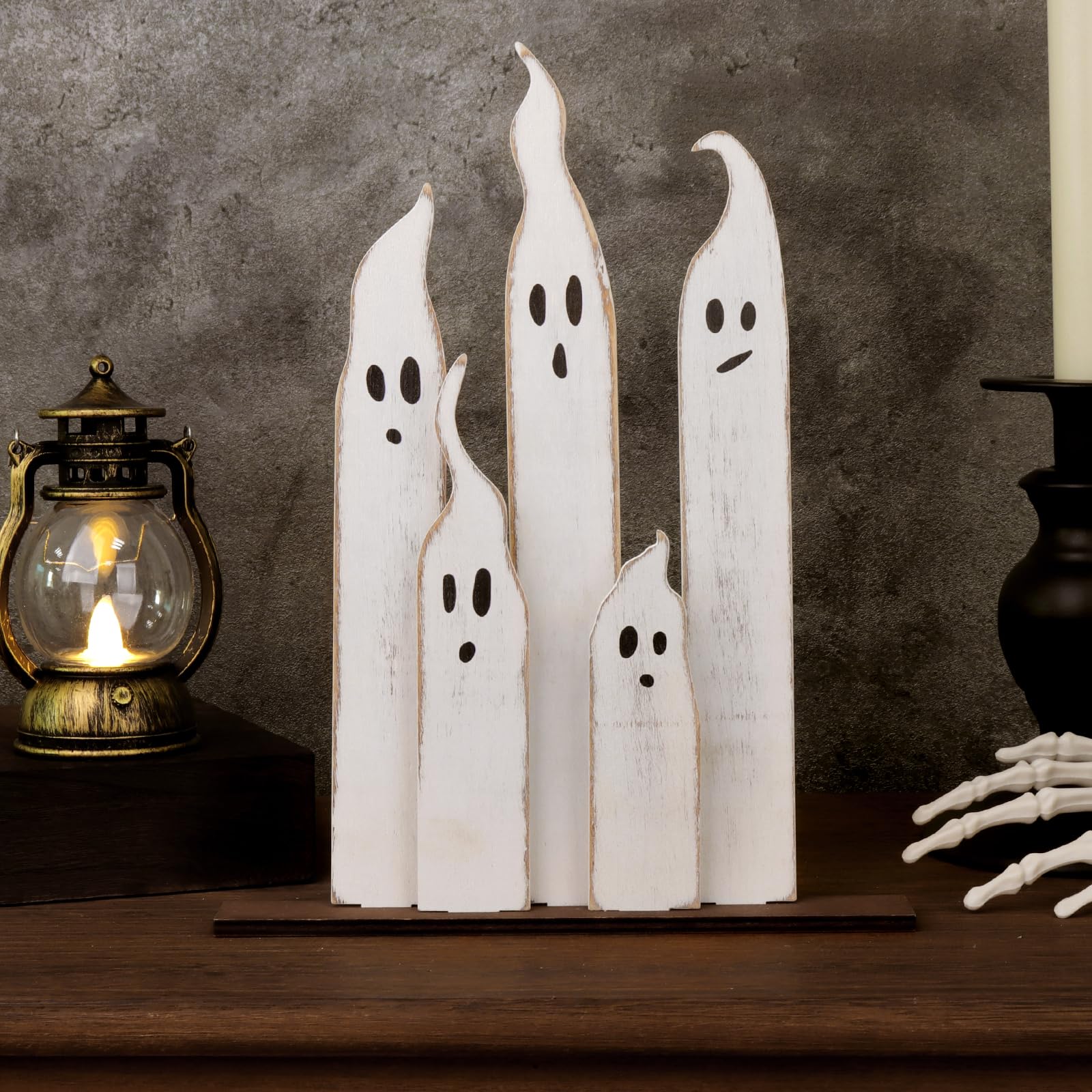 Halloween Table Decorations Indoor: Farmhouse Halloween Cute Ghost Decorations, Slender White Ghosts Wood Plank Signs Set, Rustic Tiered Tray Decor Wooden Ghost Desk Office Decor for Home Kids