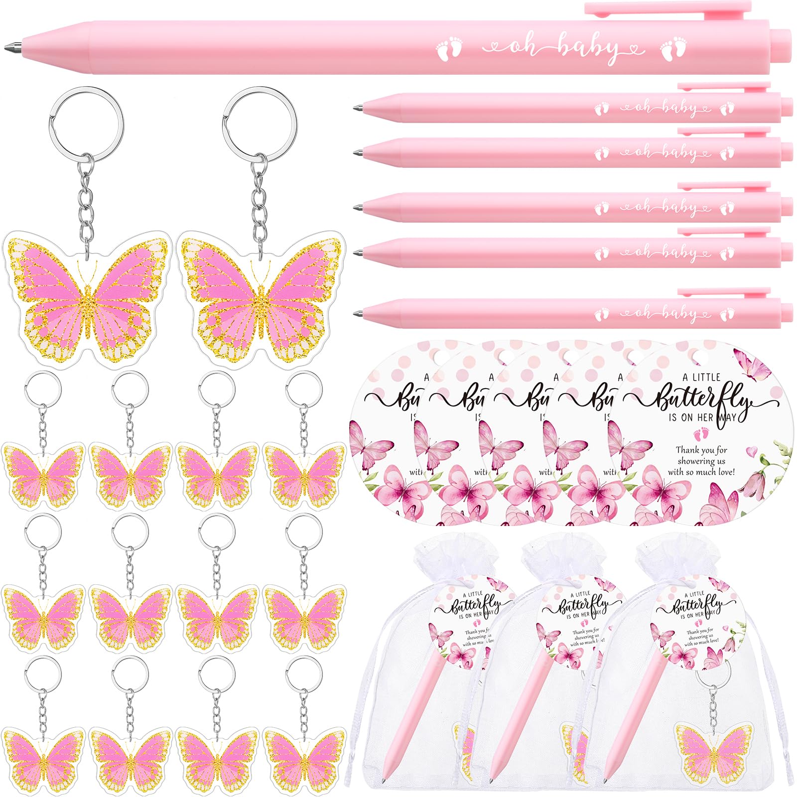 Tondiamo 50 Sets Pink Butterfly Theme Baby Shower Favors for Guest Includes 50 Butterfly Keychain 50 Pen 50 Thank You Cards and 50 Gift Bags for Baby Shower Gender Reveal Party Gifts